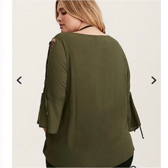TORRID Lace-Up Sleeve Challis Blouse in Dark Olive Green Top - Picture 6 of 10